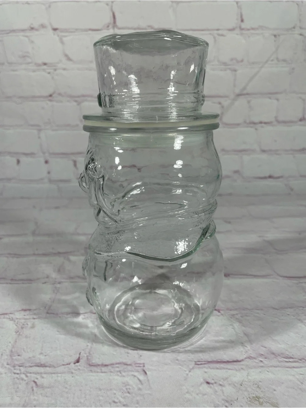 Vintage Libbey of Canada Clear Glass Snowman with Top Hat Lidded Jar Container